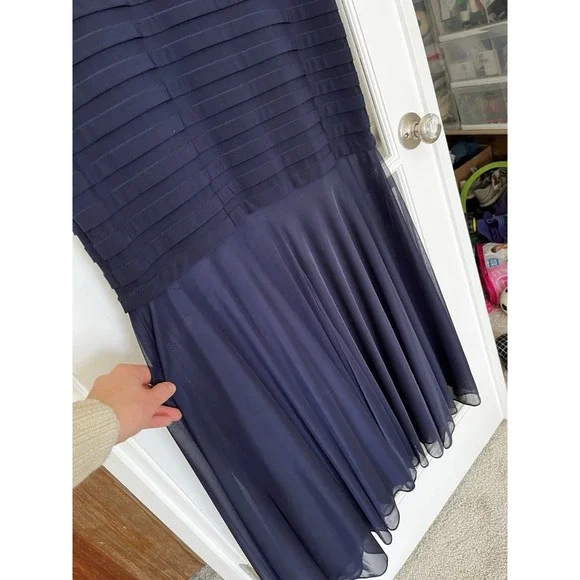 Women's Navy Blue Long Mermaid Cap Sleeve Chiffon Maxi Formal Wedding Dress 14 - Picture 4 of 12